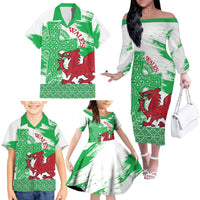 Grunge Green Wales Family Matching Off The Shoulder Long Sleeve Dress and Hawaiian Shirt Celtic Cross Welsh Red Dragon - Wonder Print Shop