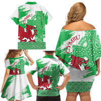 Grunge Green Wales Family Matching Off Shoulder Short Dress and Hawaiian Shirt Celtic Cross Welsh Red Dragon - Wonder Print Shop