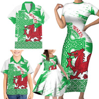 Grunge Green Wales Family Matching Short Sleeve Bodycon Dress and Hawaiian Shirt Celtic Cross Welsh Red Dragon - Wonder Print Shop