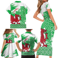 Grunge Green Wales Family Matching Short Sleeve Bodycon Dress and Hawaiian Shirt Celtic Cross Welsh Red Dragon - Wonder Print Shop