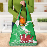 Grunge Green Wales Grocery Bag Celtic Cross Welsh Red Dragon - Wonder Print Shop