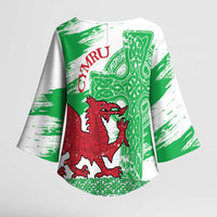 Grunge Green Wales Kimono Sleeve Blouse Celtic Cross Welsh Red Dragon - Wonder Print Shop