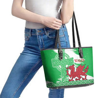 Grunge Green Wales Leather Tote Bag Celtic Cross Welsh Red Dragon - Wonder Print Shop