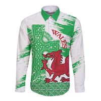 Grunge Green Wales Long Sleeve Button Shirt Celtic Cross Welsh Red Dragon - Wonder Print Shop
