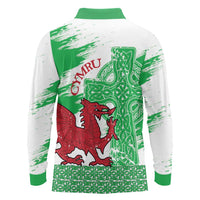 Grunge Green Wales Long Sleeve Polo Shirt Celtic Cross Welsh Red Dragon - Wonder Print Shop