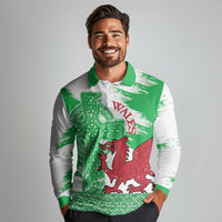 Grunge Green Wales Long Sleeve Polo Shirt Celtic Cross Welsh Red Dragon - Wonder Print Shop