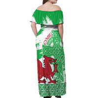 Grunge Green Wales Off Shoulder Maxi Dress Celtic Cross Welsh Red Dragon - Wonder Print Shop