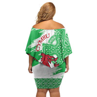 Grunge Green Wales Off Shoulder Short Dress Celtic Cross Welsh Red Dragon - Wonder Print Shop