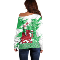 Grunge Green Wales Off Shoulder Sweater Celtic Cross Welsh Red Dragon - Wonder Print Shop