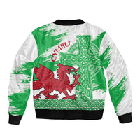 Grunge Green Wales Sleeve Zip Bomber Jacket Celtic Cross Welsh Red Dragon - Wonder Print Shop