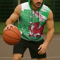 Grunge Green Wales Sleeveless Zip Hoodie Celtic Cross Welsh Red Dragon - Wonder Print Shop