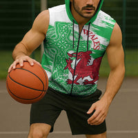 Grunge Green Wales Sleeveless Zip Hoodie Celtic Cross Welsh Red Dragon - Wonder Print Shop