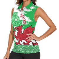 Grunge Green Wales Women Sleeveless Polo Shirt Celtic Cross Welsh Red Dragon - Wonder Print Shop