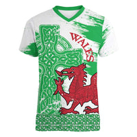 Grunge Green Wales Women V-Neck T-Shirt Celtic Cross Welsh Red Dragon - Wonder Print Shop