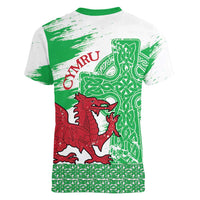 Grunge Green Wales Women V-Neck T-Shirt Celtic Cross Welsh Red Dragon - Wonder Print Shop