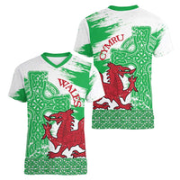 Grunge Green Wales Women V-Neck T-Shirt Celtic Cross Welsh Red Dragon - Wonder Print Shop