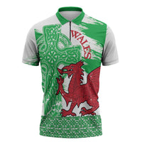 Grunge Green Wales Zipper Polo Shirt Celtic Cross Welsh Red Dragon - Wonder Print Shop