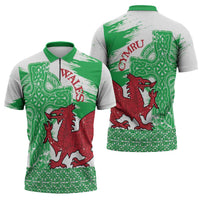 Grunge Green Wales Zipper Polo Shirt Celtic Cross Welsh Red Dragon - Wonder Print Shop