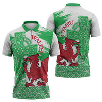 Grunge Green Wales Zipper Polo Shirt Celtic Cross Welsh Red Dragon - Wonder Print Shop