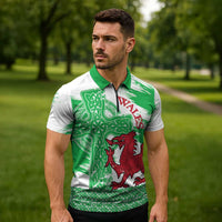 Grunge Green Wales Zipper Polo Shirt Celtic Cross Welsh Red Dragon - Wonder Print Shop