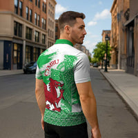 Grunge Green Wales Zipper Polo Shirt Celtic Cross Welsh Red Dragon - Wonder Print Shop