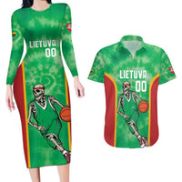 Lithuania Tie Dye Basketball Custom Couples Matching Long Sleeve Bodycon Dress and Hawaiian Shirt Lietuva Skeleton Green - Wonder Print Shop