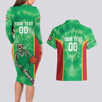 Lithuania Tie Dye Basketball Custom Couples Matching Long Sleeve Bodycon Dress and Hawaiian Shirt Lietuva Skeleton Green - Wonder Print Shop