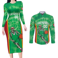 Lithuania Tie Dye Basketball Custom Couples Matching Long Sleeve Bodycon Dress and Long Sleeve Button Shirt Lietuva Skeleton Green - Wonder Print Shop