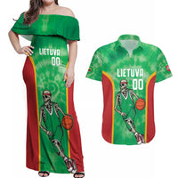 Lithuania Tie Dye Basketball Custom Couples Matching Off Shoulder Maxi Dress and Hawaiian Shirt Lietuva Skeleton Green - Wonder Print Shop