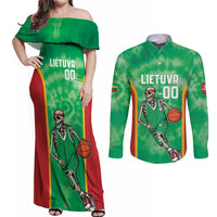 Lithuania Tie Dye Basketball Custom Couples Matching Off Shoulder Maxi Dress and Long Sleeve Button Shirt Lietuva Skeleton Green - Wonder Print Shop