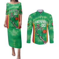 Lithuania Tie Dye Basketball Custom Couples Matching Puletasi and Long Sleeve Button Shirt Lietuva Skeleton Green - Wonder Print Shop