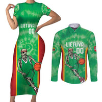 Lithuania Tie Dye Basketball Custom Couples Matching Short Sleeve Bodycon Dress and Long Sleeve Button Shirt Lietuva Skeleton Green - Wonder Print Shop