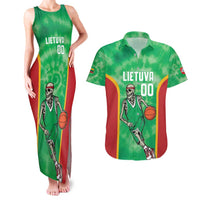 Lithuania Tie Dye Basketball Custom Couples Matching Tank Maxi Dress and Hawaiian Shirt Lietuva Skeleton Green - Wonder Print Shop