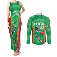 Lithuania Tie Dye Basketball Custom Couples Matching Tank Maxi Dress and Long Sleeve Button Shirt Lietuva Skeleton Green - Wonder Print Shop
