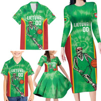 Lithuania Tie Dye Basketball Custom Family Matching Long Sleeve Bodycon Dress and Hawaiian Shirt Lietuva Skeleton Green - Wonder Print Shop