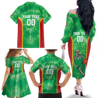 Lithuania Tie Dye Basketball Custom Family Matching Off The Shoulder Long Sleeve Dress and Hawaiian Shirt Lietuva Skeleton Green - Wonder Print Shop