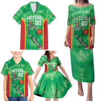 Lithuania Tie Dye Basketball Custom Family Matching Puletasi and Hawaiian Shirt Lietuva Skeleton Green - Wonder Print Shop