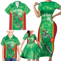 Lithuania Tie Dye Basketball Custom Family Matching Short Sleeve Bodycon Dress and Hawaiian Shirt Lietuva Skeleton Green - Wonder Print Shop