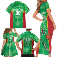 Lithuania Tie Dye Basketball Custom Family Matching Short Sleeve Bodycon Dress and Hawaiian Shirt Lietuva Skeleton Green - Wonder Print Shop