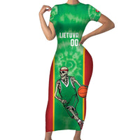 Lithuania Tie Dye Basketball Custom Family Matching Short Sleeve Bodycon Dress and Hawaiian Shirt Lietuva Skeleton Green - Wonder Print Shop
