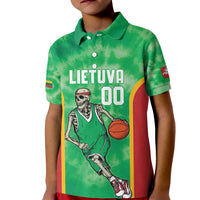 Lithuania Tie Dye Basketball Custom Kid Polo Shirt Lietuva Skeleton Green - Wonder Print Shop