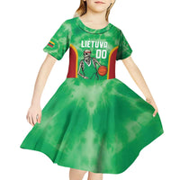 Lithuania Tie Dye Basketball Custom Kid Short Sleeve Dress Lietuva Skeleton Green - Wonder Print Shop
