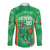 Lithuania Tie Dye Basketball Custom Long Sleeve Button Shirt Lietuva Skeleton Green - Wonder Print Shop