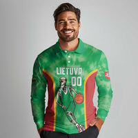 Lithuania Tie Dye Basketball Custom Long Sleeve Polo Shirt Lietuva Skeleton Green - Wonder Print Shop