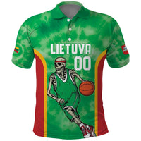 Lithuania Tie Dye Basketball Custom Polo Shirt Lietuva Skeleton Green - Wonder Print Shop