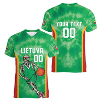 Lithuania Tie Dye Basketball Custom Women V-Neck T-Shirt Lietuva Skeleton Green - Wonder Print Shop