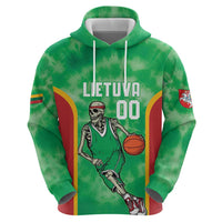 Lithuania Tie Dye Basketball Custom Zip Hoodie Lietuva Skeleton Green - Wonder Print Shop