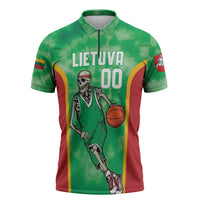 Lithuania Tie Dye Basketball Custom Zipper Polo Shirt Lietuva Skeleton Green - Wonder Print Shop