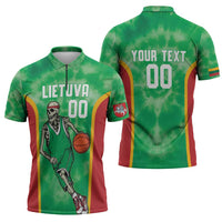 Lithuania Tie Dye Basketball Custom Zipper Polo Shirt Lietuva Skeleton Green - Wonder Print Shop