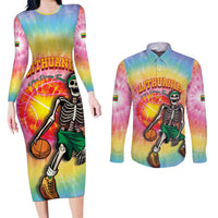 Lithuania Basketball Custom Couples Matching Long Sleeve Bodycon Dress and Long Sleeve Button Shirt 100th Anniversary Skeleton Colorful Tie Dye - Wonder Print Shop